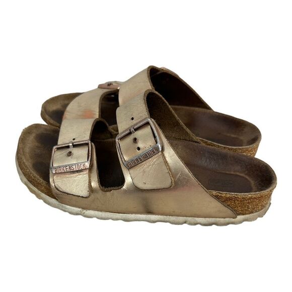 Birkenstock Arizona Soft Footbed Metallic Rose Gold Leather Sandals Size 37 - Picture 5 of 8